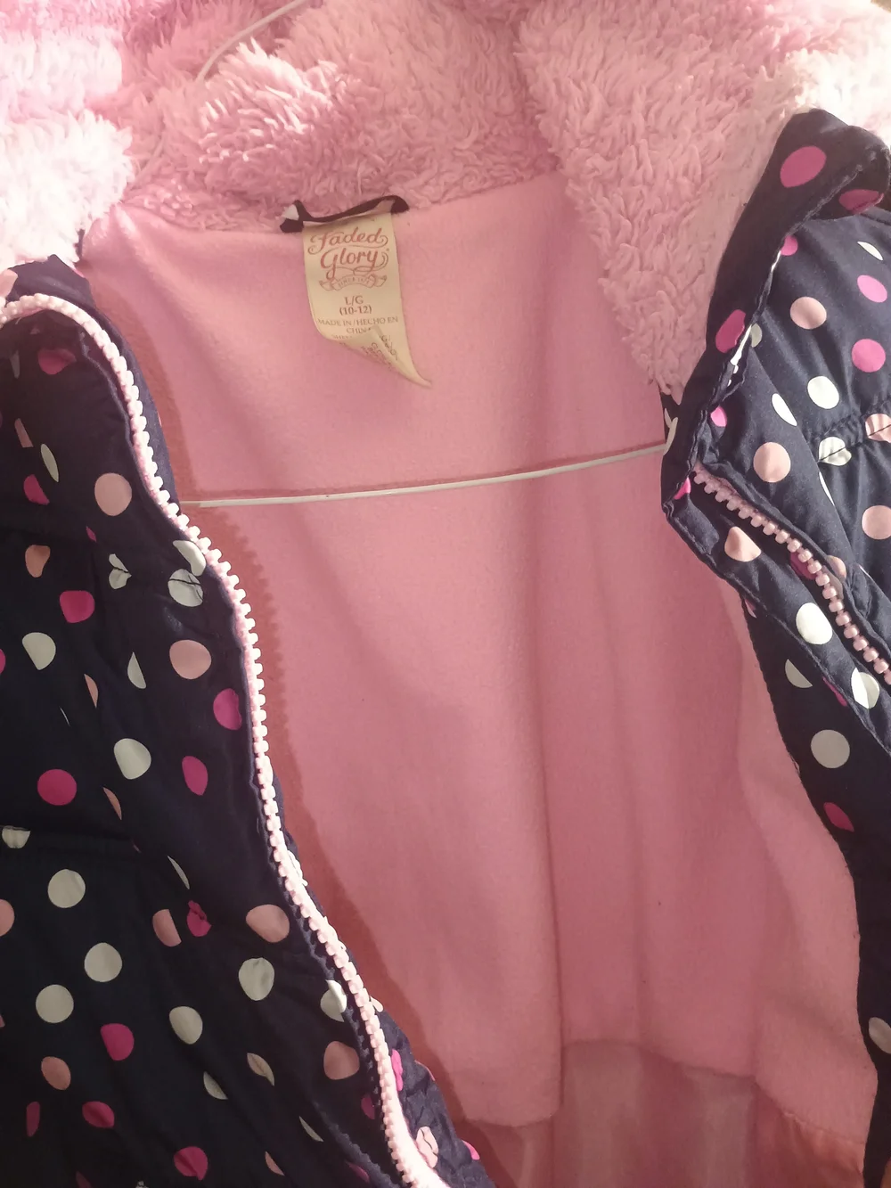 Faded Glory Navy Polka Dot Puffer Jacket with Pink Lining